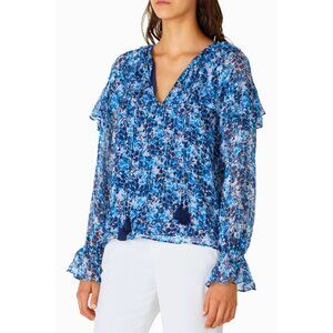 Ramy Brook Celeste Blouse Floral Printed Silk Metallic Bohemian Airy Ruffle